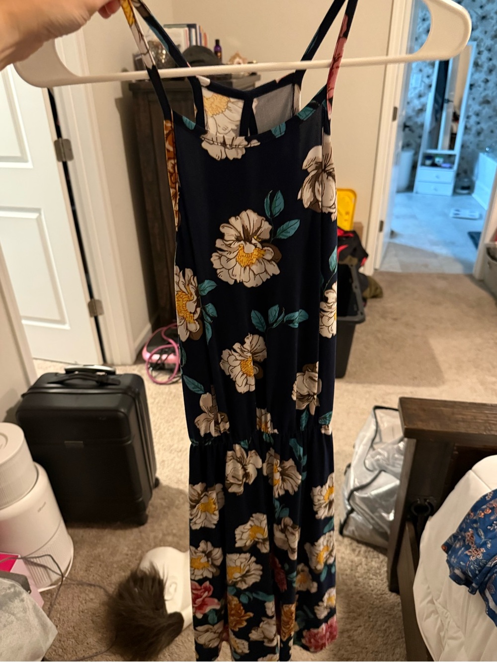 French Grey Navy Floral Maxi Dress with Yellow & White Blooms